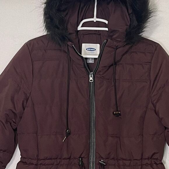 Old Navy Long Puffer Coat Womens Small Brown Winter Parka Fur Hood Insulated - Picture 13 of 13